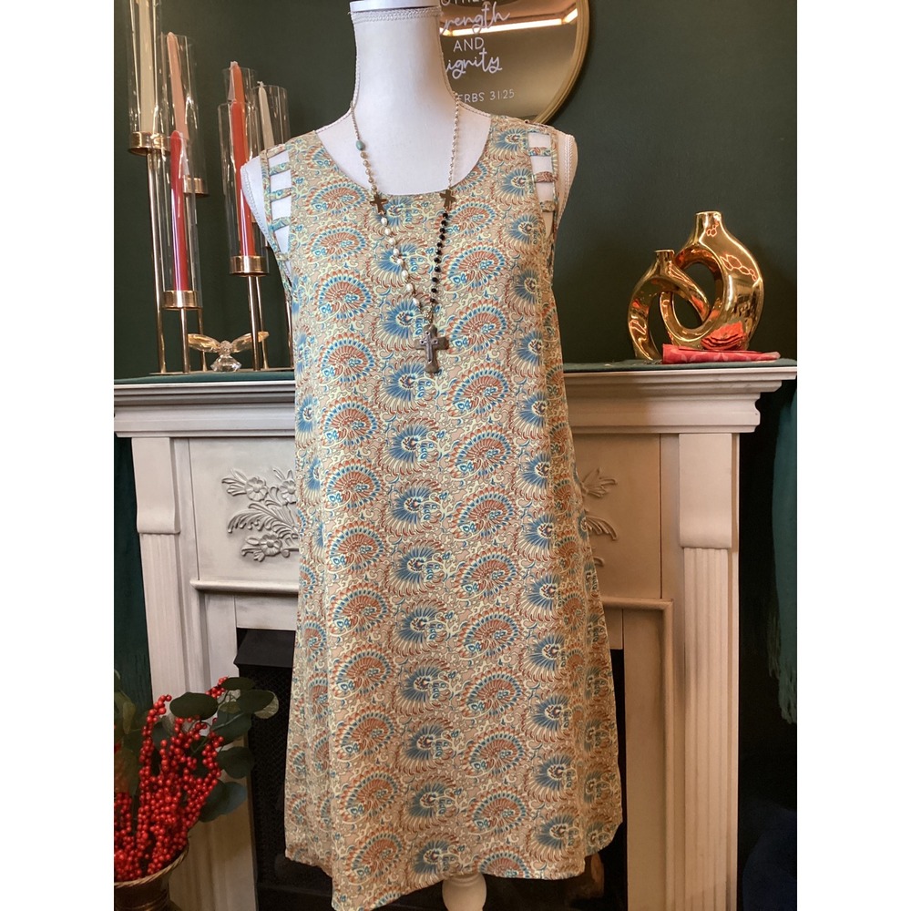 Umgee Paisley Shift Dress Sz Small Blue Orange Ladder Shoulder‎